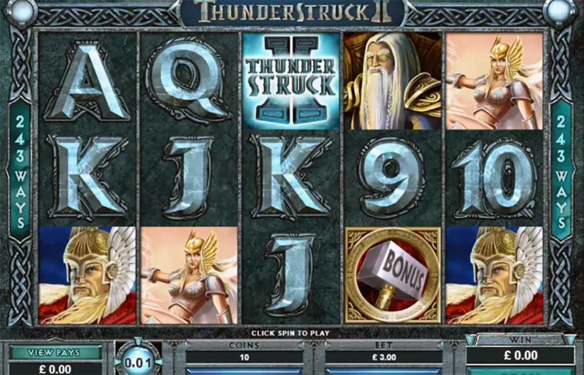 “Thunderstruck II slot game reels on a dark rune-carved stone interface with metallic blue letter symbols (A, K, Q, J, 10, 9), Norse character portraits (bearded Odin-like figure and Valkyrie), and a ‘BONUS’ hammer icon on the last reel.”